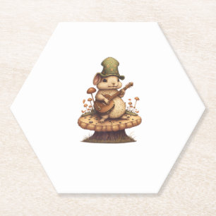 Rabbit Playing Banjo On Mushroom Bunny Cottagecore Paper Coaster