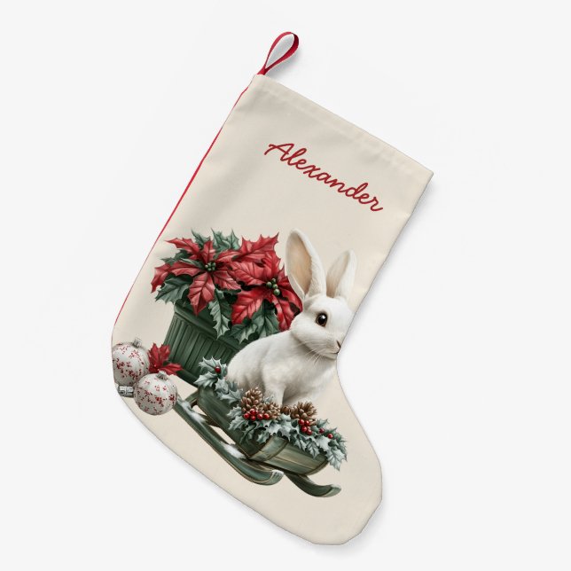 Rabbit Poinsettia Custom Name Small Christmas Stocking (Front (Hanging))