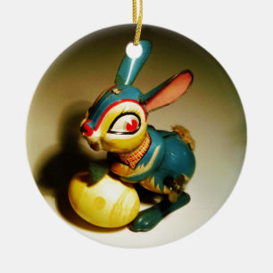 rabbit rabbits toy and easter yellow egg ceramic ornament