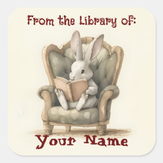 Rabbit Reading Bookplate Square Sticker