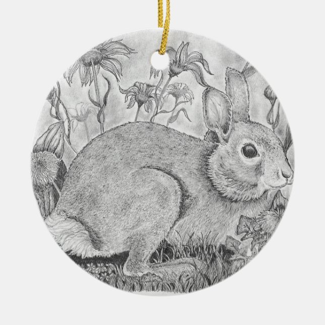 Rabbit Rests Among Wildflowers Ceramic Ornament (Front)