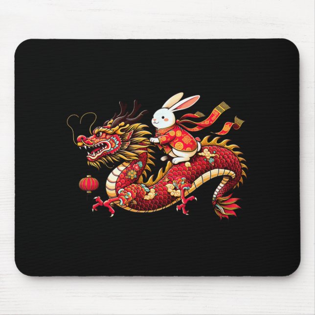 Rabbit Ride Chinese Dragon Funny Mens Womens Happy Mouse Pad (Front)