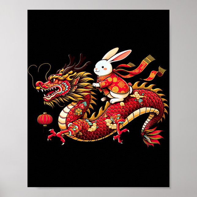 Rabbit Ride Chinese Dragon Funny Mens Womens Happy Poster (Front)