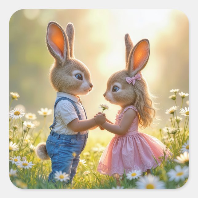 Rabbit Romance In a Daisy Field Square Sticker (Front)
