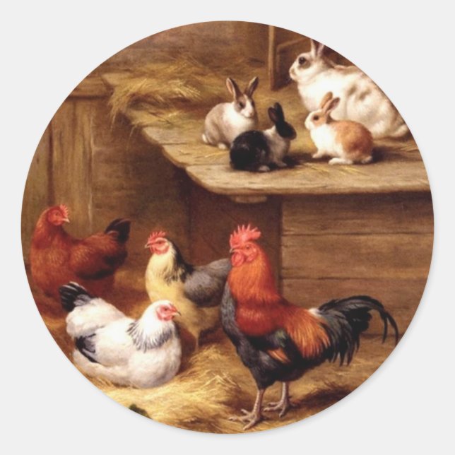 Rabbit rooster hens farm animals bunnies classic round sticker (Front)