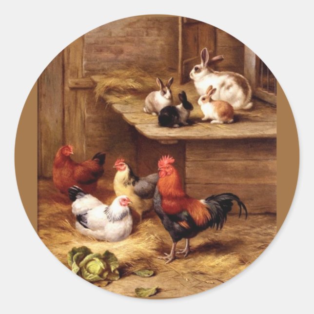 Rabbit rooster hens farm animals bunnies classic round sticker (Front)