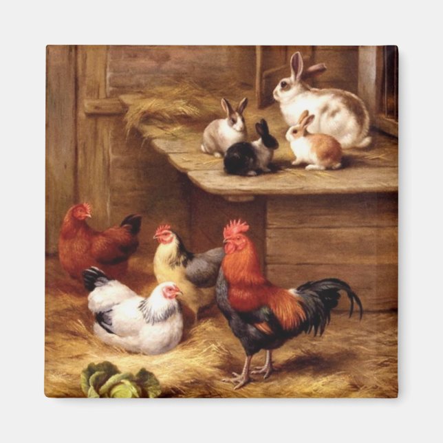 Rabbit rooster hens farm animals bunnies magnet (Front)