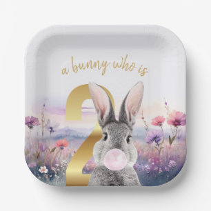 Rabbit Second Birthday blowing pink bubble gum Paper Plate