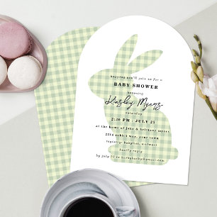Rabbit Silhouette Sage Green Gingham Baby Shower Invitation