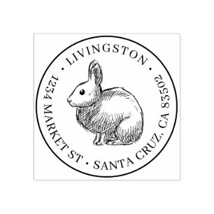 Rabbit Sketch Round Family Name & Return Address Rubber Stamp