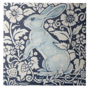 Rabbit, Strawberry in Blue & White Summer Foliage Ceramic Tile