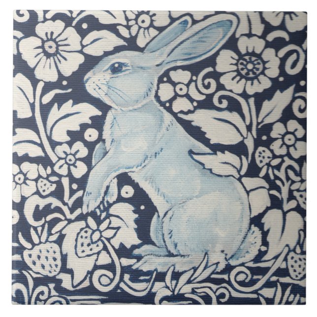 Rabbit, Strawberry in Blue & White Summer Foliage Ceramic Tile (Front)