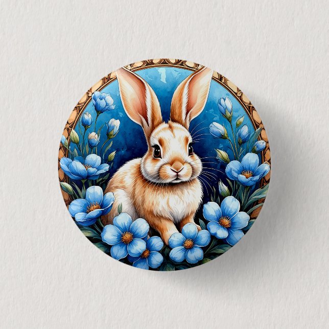 Rabbit Surrounded by Blue Flowers 3 Cm Round Badge (Front)