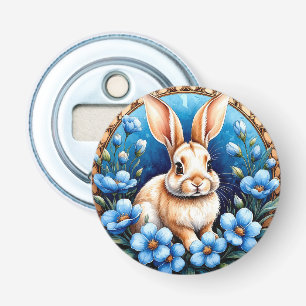 Rabbit Surrounded by Blue Flowers Bottle Opener