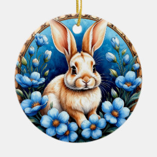 Rabbit Surrounded by Blue Flowers Ceramic Ornament