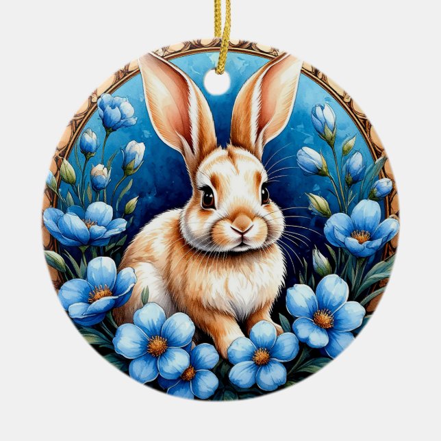Rabbit Surrounded by Blue Flowers Ceramic Ornament (Front)