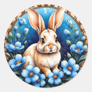 Rabbit Surrounded by Blue Flowers Classic Round Sticker