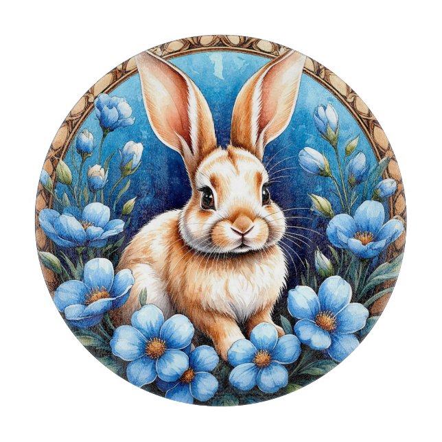Rabbit Surrounded by Blue Flowers Cutting Board (Front)