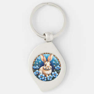 Rabbit Surrounded by Blue Flowers Key Ring