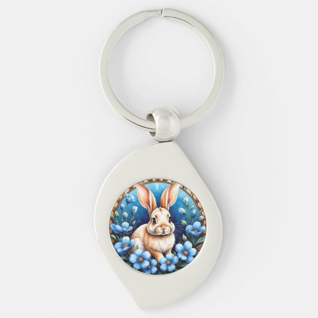 Rabbit Surrounded by Blue Flowers Key Ring (Front)