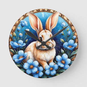 Rabbit Surrounded by Blue Flowers Round Clock