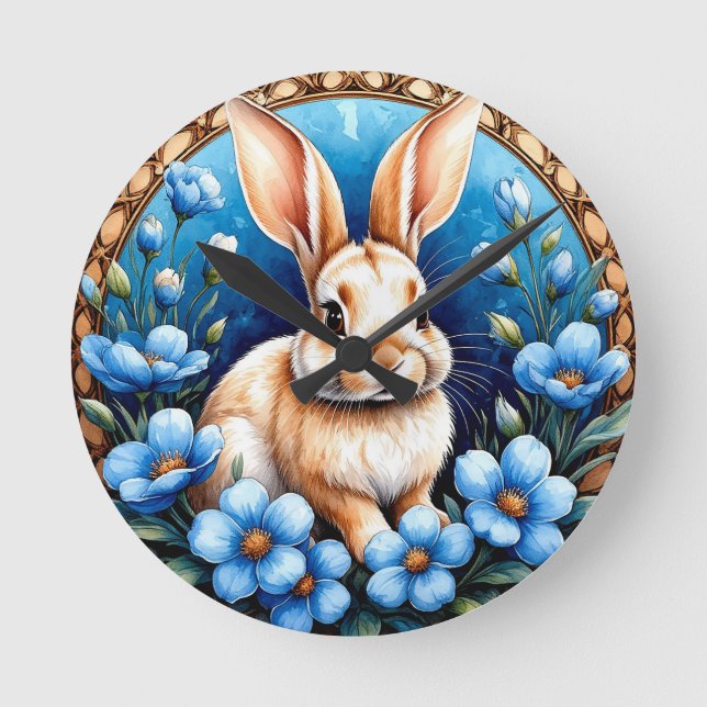 Rabbit Surrounded by Blue Flowers Round Clock (Front)