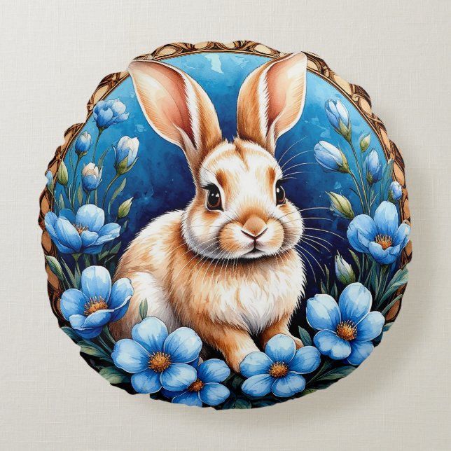 Rabbit Surrounded by Blue Flowers Round Cushion (Front)