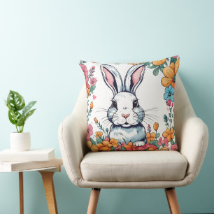Rabbit surrounded by flowers cushion
