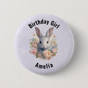 Rabbit Surrounded by Pastel Flowers Birthday Girl 6 Cm Round Badge