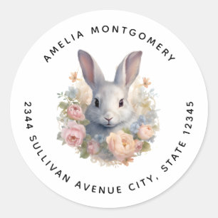 Rabbit Surrounded by Pastel Flowers Cute - Address Classic Round Sticker