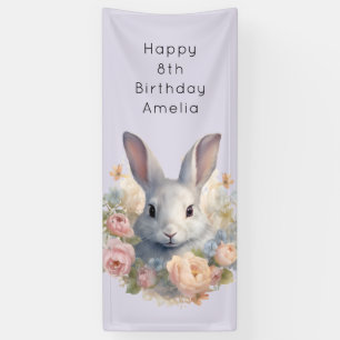 Rabbit Surrounded by Pastel Flowers Cute Birthday Banner