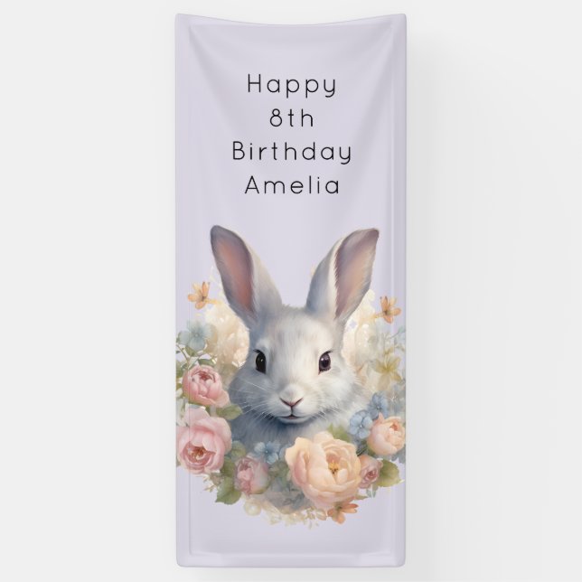 Rabbit Surrounded by Pastel Flowers Cute Birthday Banner (Vertical)