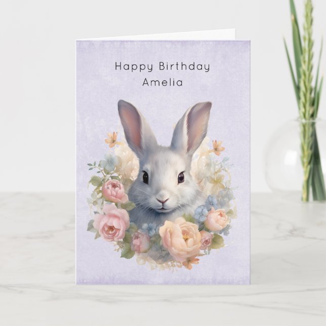 Rabbit Surrounded by Pastel Flowers Cute Birthday Card (Front)