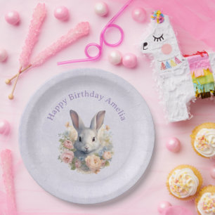 Rabbit Surrounded by Pastel Flowers Cute Birthday Paper Plate