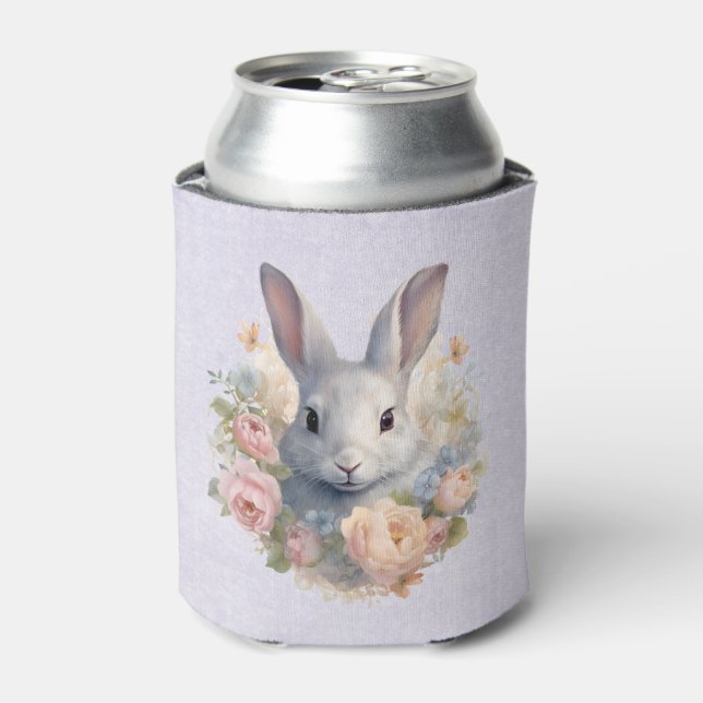 Rabbit Surrounded by Pastel Flowers Cute Can Cooler (Can Front)