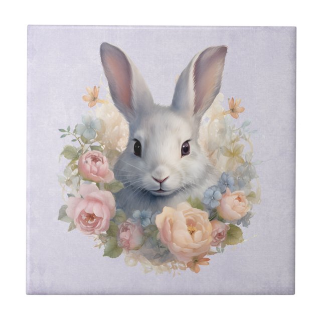 Rabbit Surrounded by Pastel Flowers Cute Ceramic Tile (Front)