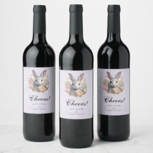 Rabbit Surrounded by Pastel Flowers Cute Cheers Wine Label