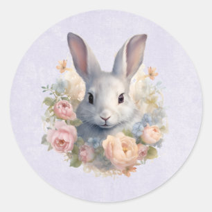Rabbit Surrounded by Pastel Flowers Cute Classic Round Sticker