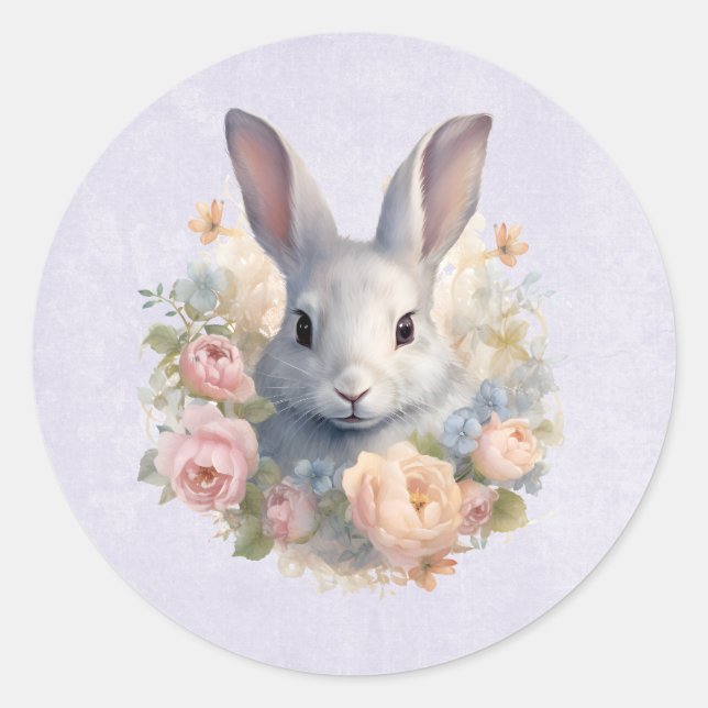 Rabbit Surrounded by Pastel Flowers Cute Classic Round Sticker (Front)