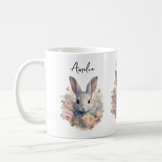 Rabbit Surrounded by Pastel Flowers Cute Coffee Mug (Left)