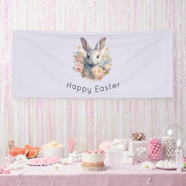 Rabbit Surrounded by Pastel Flowers Cute Easter Banner (Party)