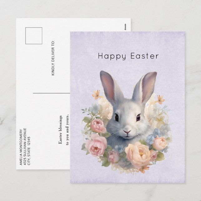 Rabbit Surrounded by Pastel Flowers Cute Easter Holiday Postcard (Front/Back)