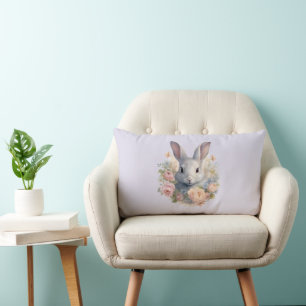 Rabbit Surrounded by Pastel Flowers Cute Lumbar Cushion
