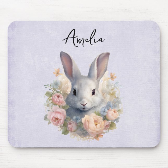 Rabbit Surrounded by Pastel Flowers Cute Mouse Pad (Front)
