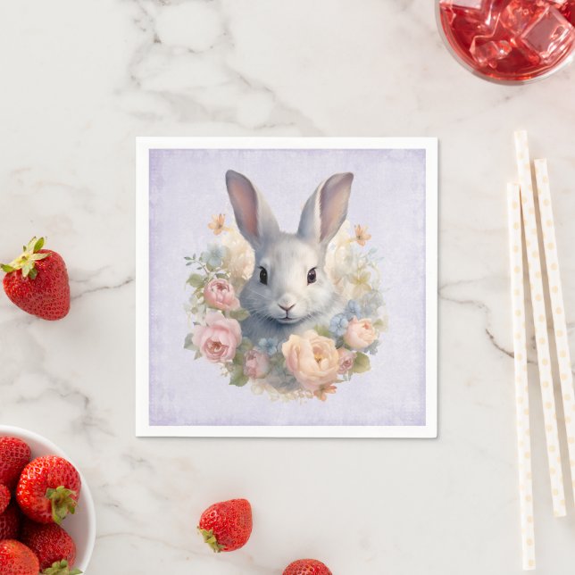  Rabbit Surrounded by Pastel Flowers Cute Napkin (Insitu)