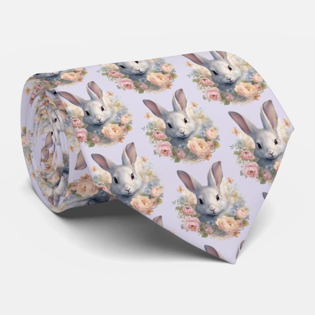 Rabbit Surrounded by Pastel Flowers Cute Pattern Tie (Rolled)