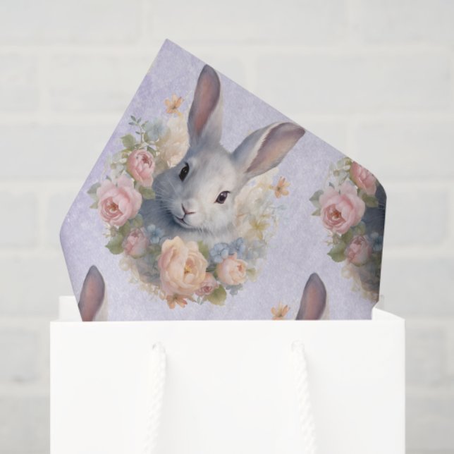 Rabbit Surrounded by Pastel Flowers Cute Pattern Tissue Paper (Gift Bag)