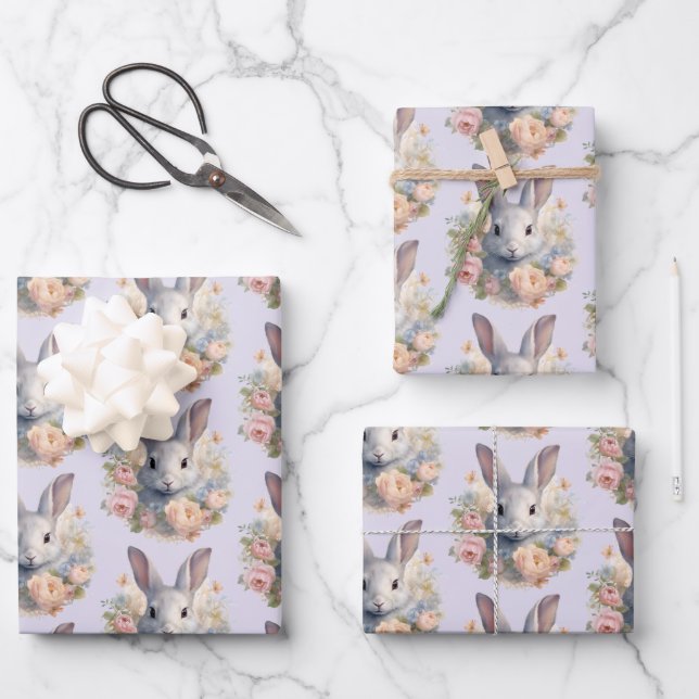 Rabbit Surrounded by Pastel Flowers Cute Pattern Wrapping Paper Sheet (Front)