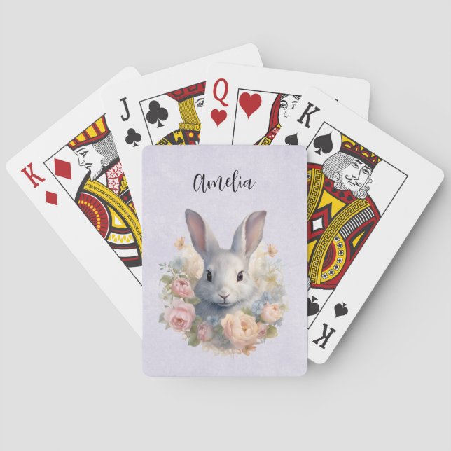 Rabbit Surrounded by Pastel Flowers Cute Playing Cards (Back)