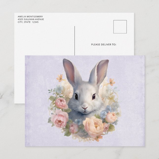 Rabbit Surrounded by Pastel Flowers Cute Postcard (Front/Back)